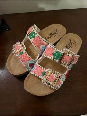 Jellypop Embroidered Double-Buckle Slide Sandals — Pink & Green Floral